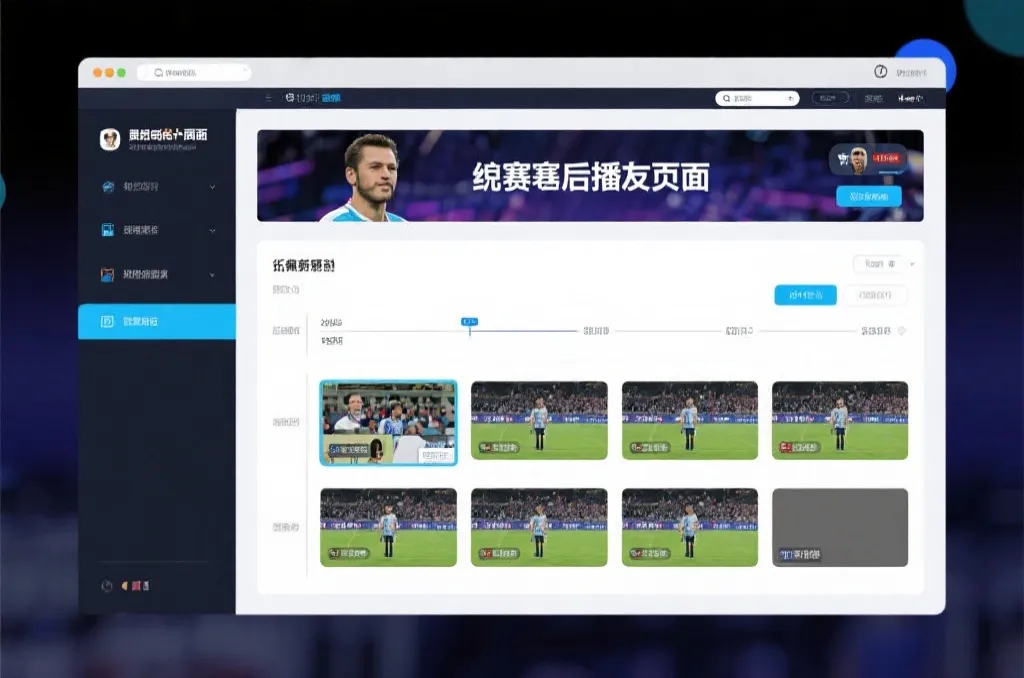 比赛结束后，电视屏幕展示集锦回放页面，旁边有时间轴和多角度切换提示